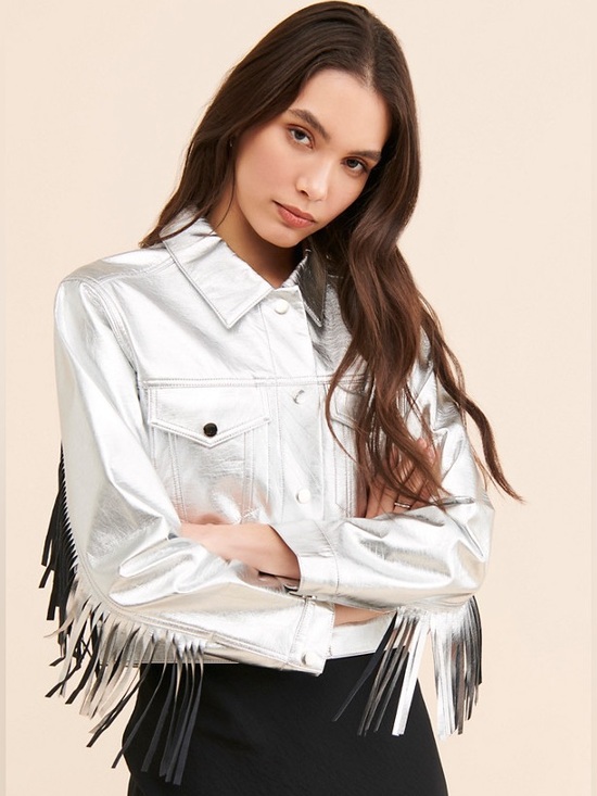 Jackets & Blazers - Jules Kae Talia Fringe Silver Metallic Fringe Cropped Jacket